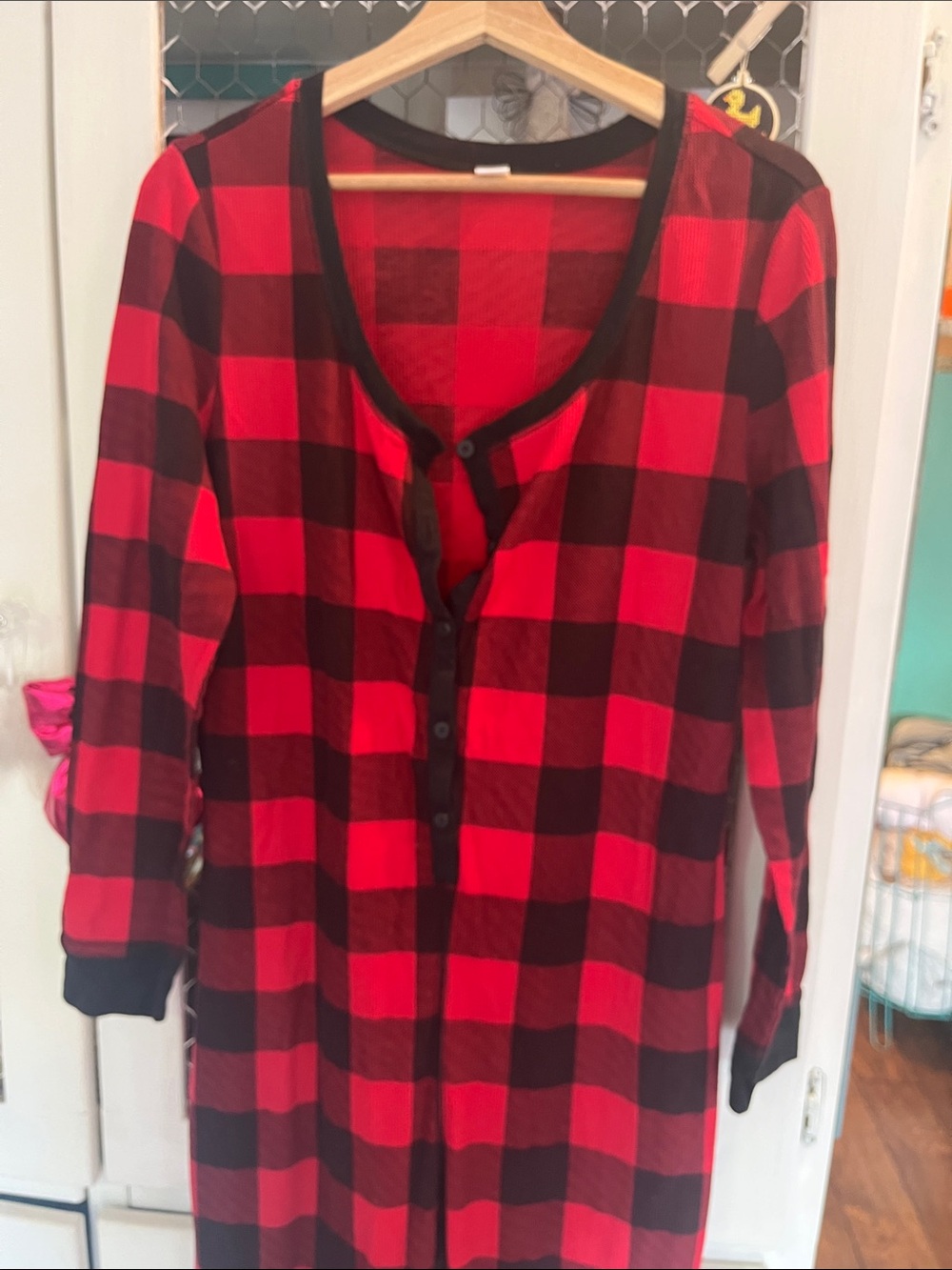 Old Navy Red and Black Buffalo Plaid One-Piece Pajama Romper - Picture 2 of 4